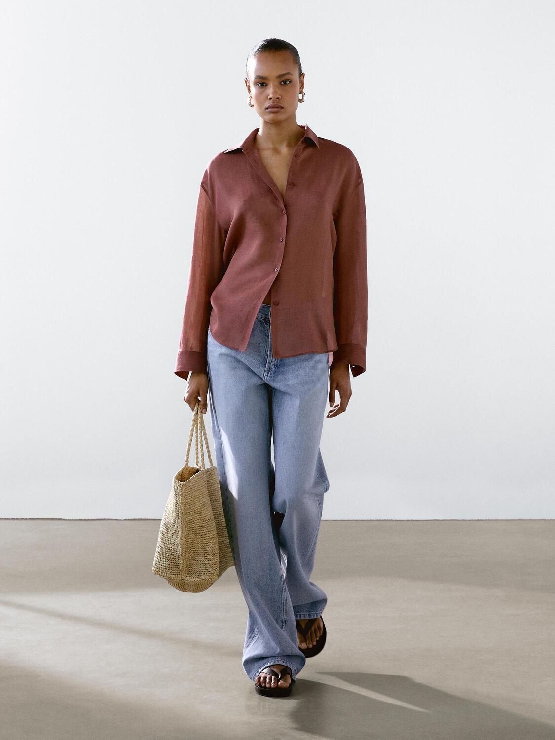 

Рубашка из струящейся смеси рами Massimo Dutti, розовый