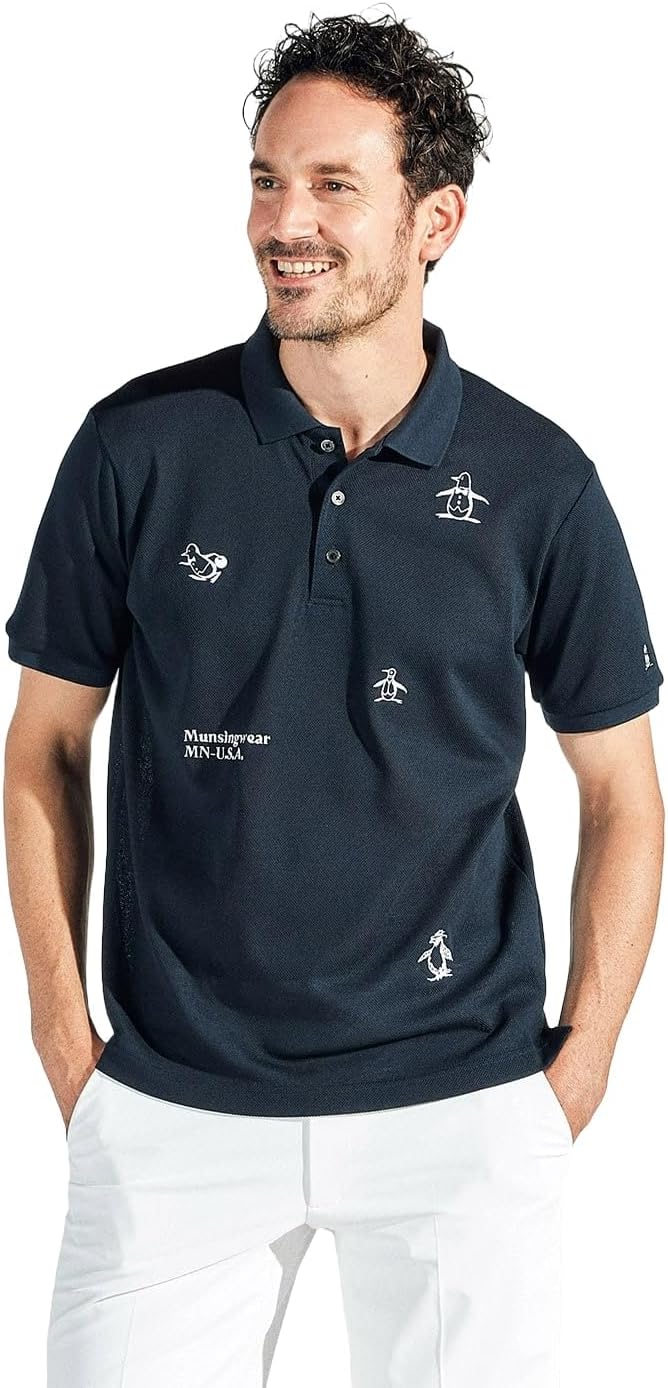 

Мужская рубашка с коротким рукавом Munsing Wear MG5SHS38M, с пингвином из архива к 70-летию бренда, воротник, узор «Прыжок», для игры в гольф Munsingwear, темно-синий