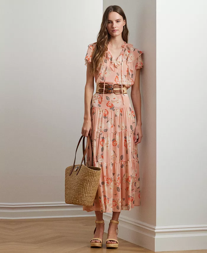 

Женская блузка из жоржета с цветочным принтом и рюшами, Regular & Petite Lauren Ralph Lauren, розовый