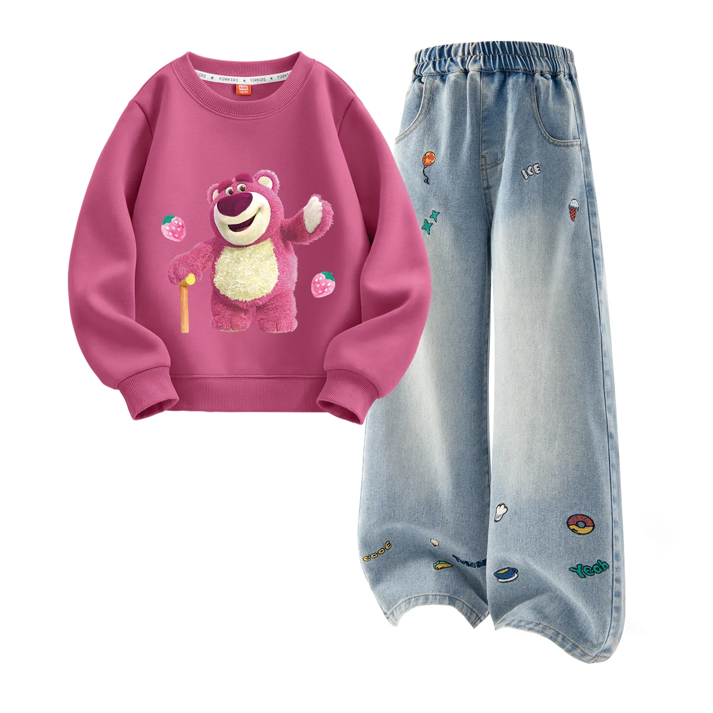 Детская повседневная спортивная футболка с круглым вырезом Disney, Dime Cute Berry Red+Solid Color Denim Blue — фото 3