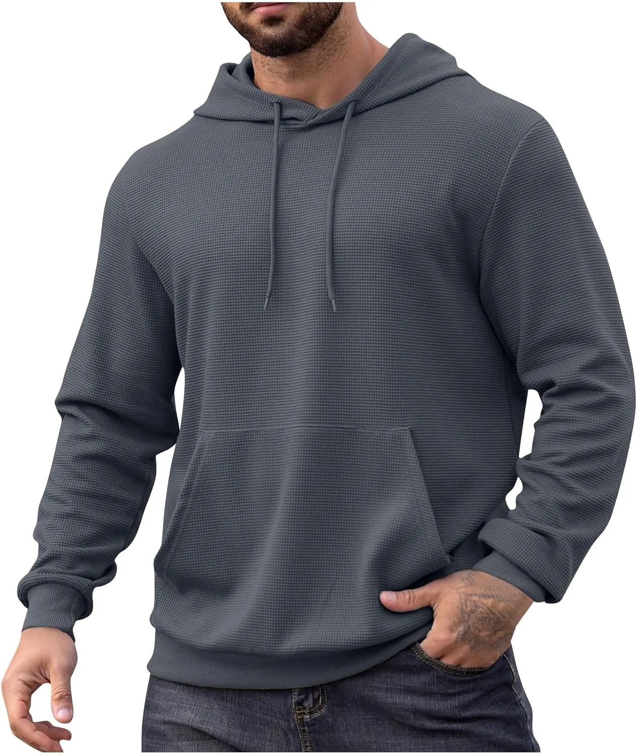 

Мужской худи пуловер свободного кроя с вафельной вязкой и карманами-кенгуру