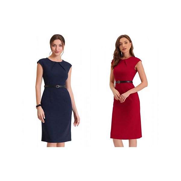 

2 элегантных офисных платья для женщин с круглым вырезом, короткими рукавами и поясом Allegra K, Dark Blue Red