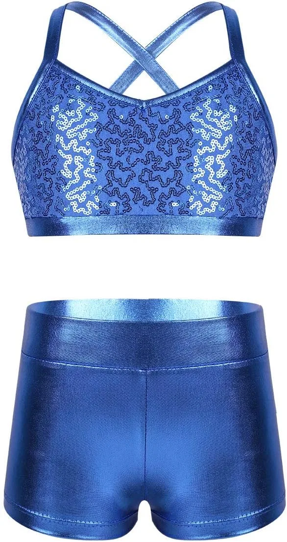 Детский спортивный комплект с пайетками iEFiEL, топ и шорты, Light Blue