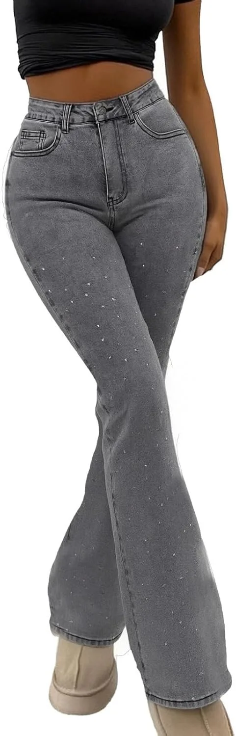 

Женские джинсы Flare Bell Bottom с пайетками, высокие, широкие, bootcut, stretchy, slim fit, streetwear Pbawab