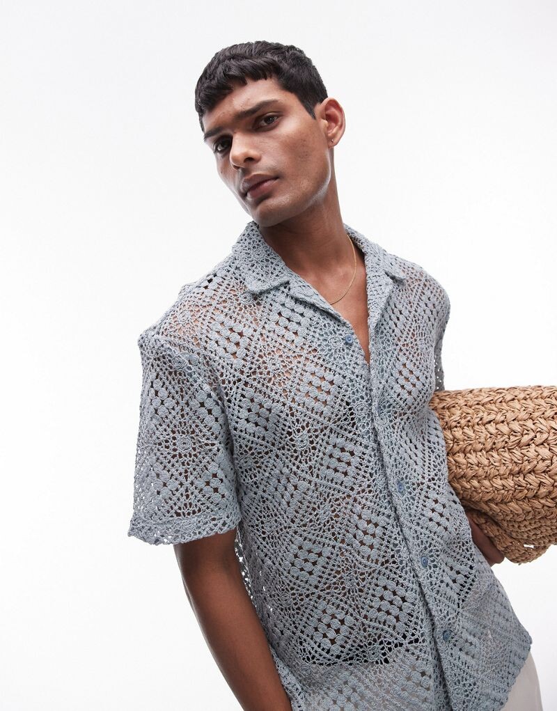 

Синяя рубашка крючком с короткими рукавами и сеткой Topman
