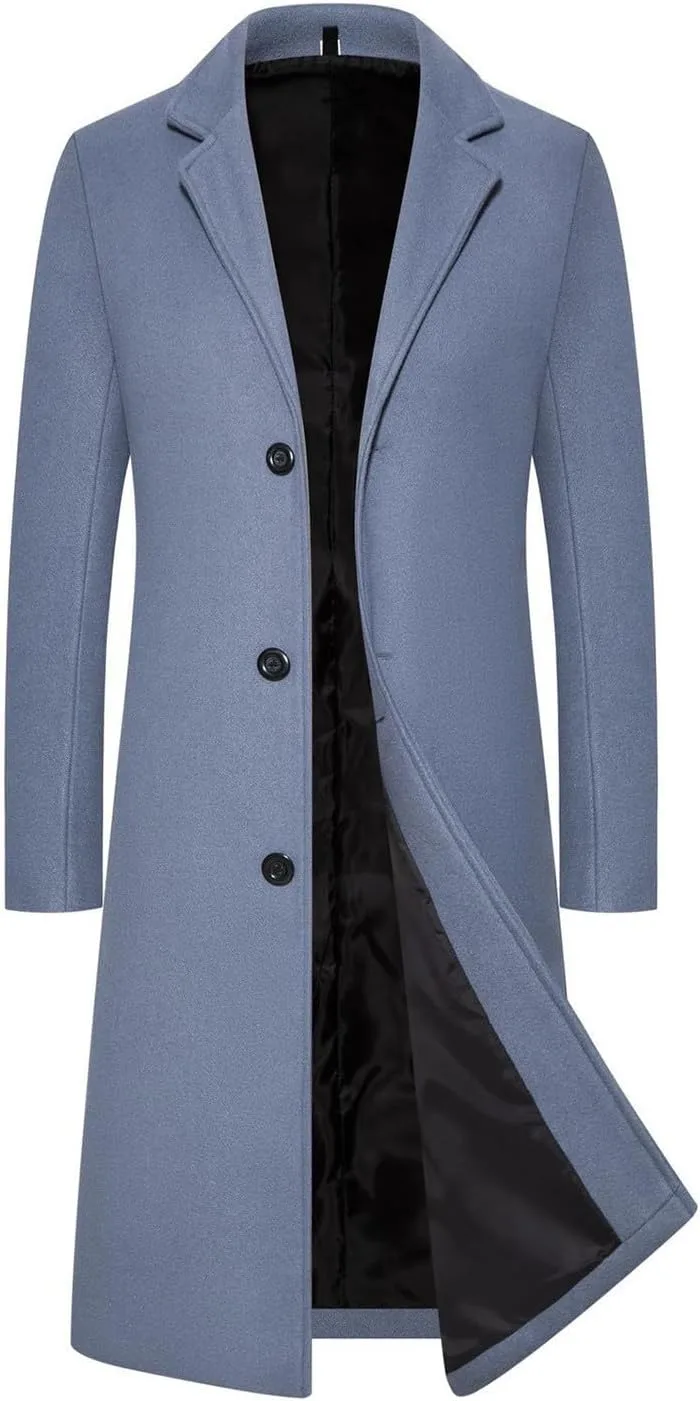 Мужское пальто с отложным воротником, зимнее приталенное однобортное пальто pea coat из шерстяной смеси, элегантный длинный жакет Generic, серый