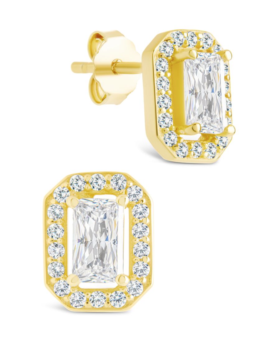 

Серьги-гвоздики из стерлингового серебра с бриллиантом изумрудной огранки и оправой гало Sterling Forever, Gold