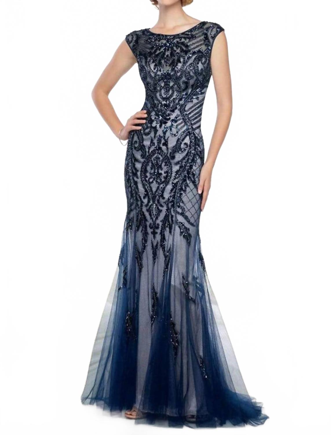 

Роскошное платье-труба из тюля с ручной вышивкой в цвете "полночь"/телесный Ivonne D, Midnight/Nude