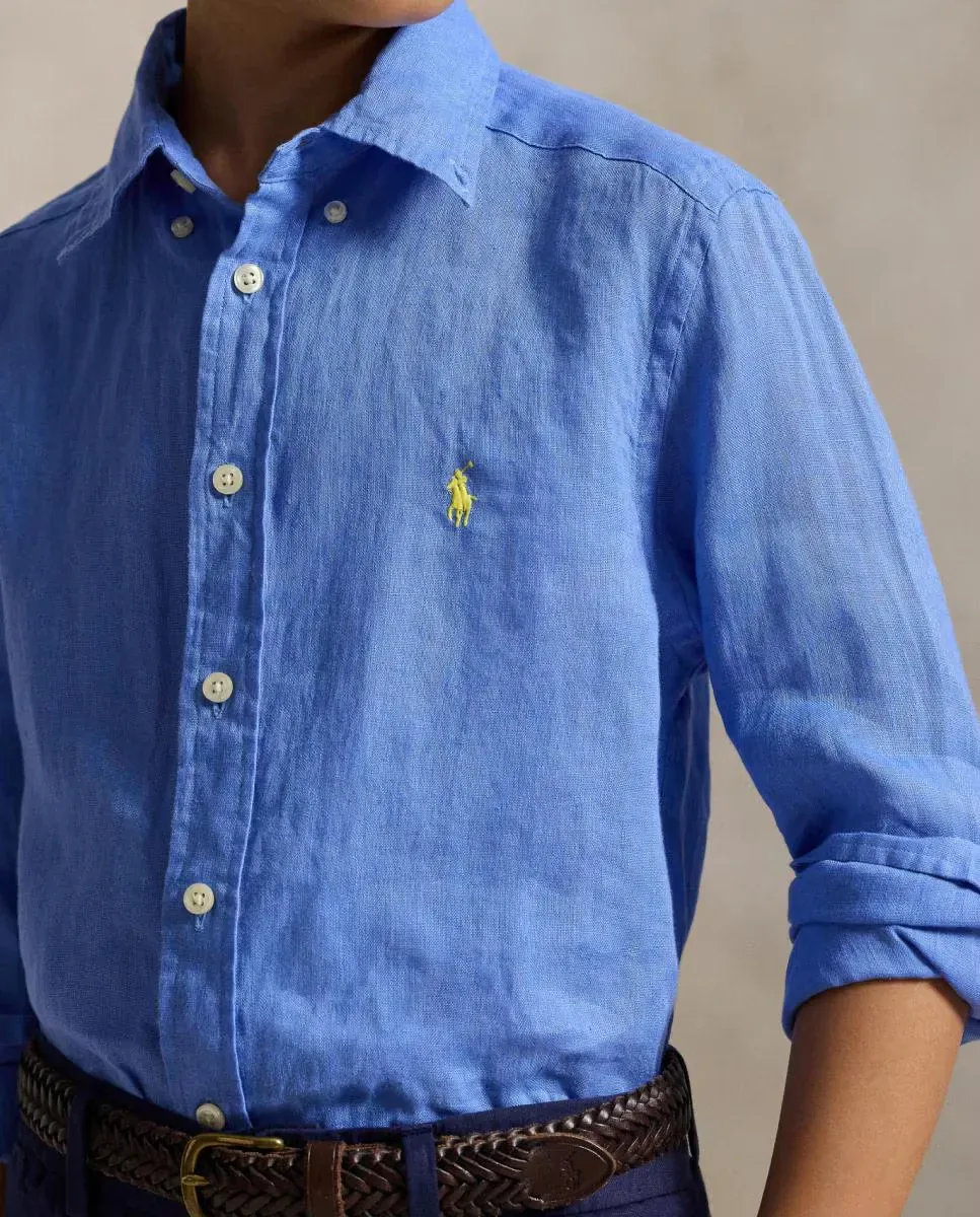 Детская льняная рубашка с лошадью Polo Ralph Lauren, синий — фото 3