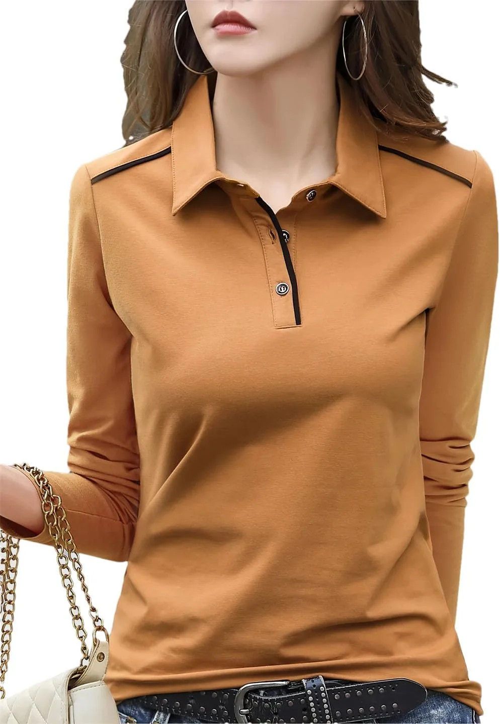 

Женская шикарная поло с длинным рукавом и пуговицами из полупрозрачного хлопкового микса