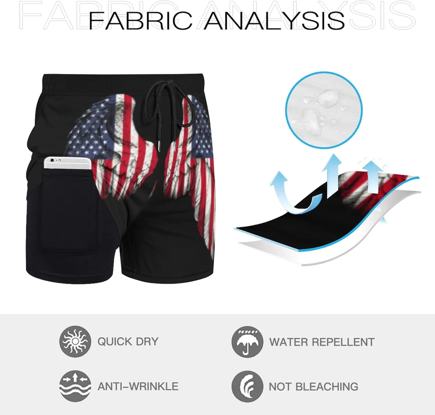 Плавки Wings American and America USA Flag с сетчатой ​​подкладкой, быстросохнущие, на завязках, с карманами, мужские Generic, черный — фото 4