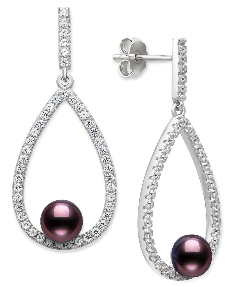 

Серьги-подвески из культивированного пресноводного черного жемчуга павлин (6-7 мм) и искусственного сапфира в оправе из стерлингового серебра Belle de Mer, Black