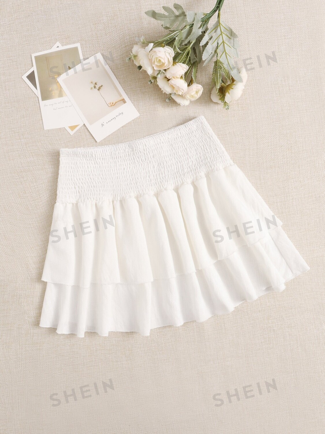 

PETITE Юбка, присборенная талия, многослойный низ, короткая, летняя Shein, белый