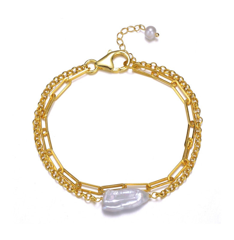 

Двухслойный браслет из стерлингового серебра 14 карат с покрытием из золота и настоящим пресноводным жемчугом Genevive, золотой