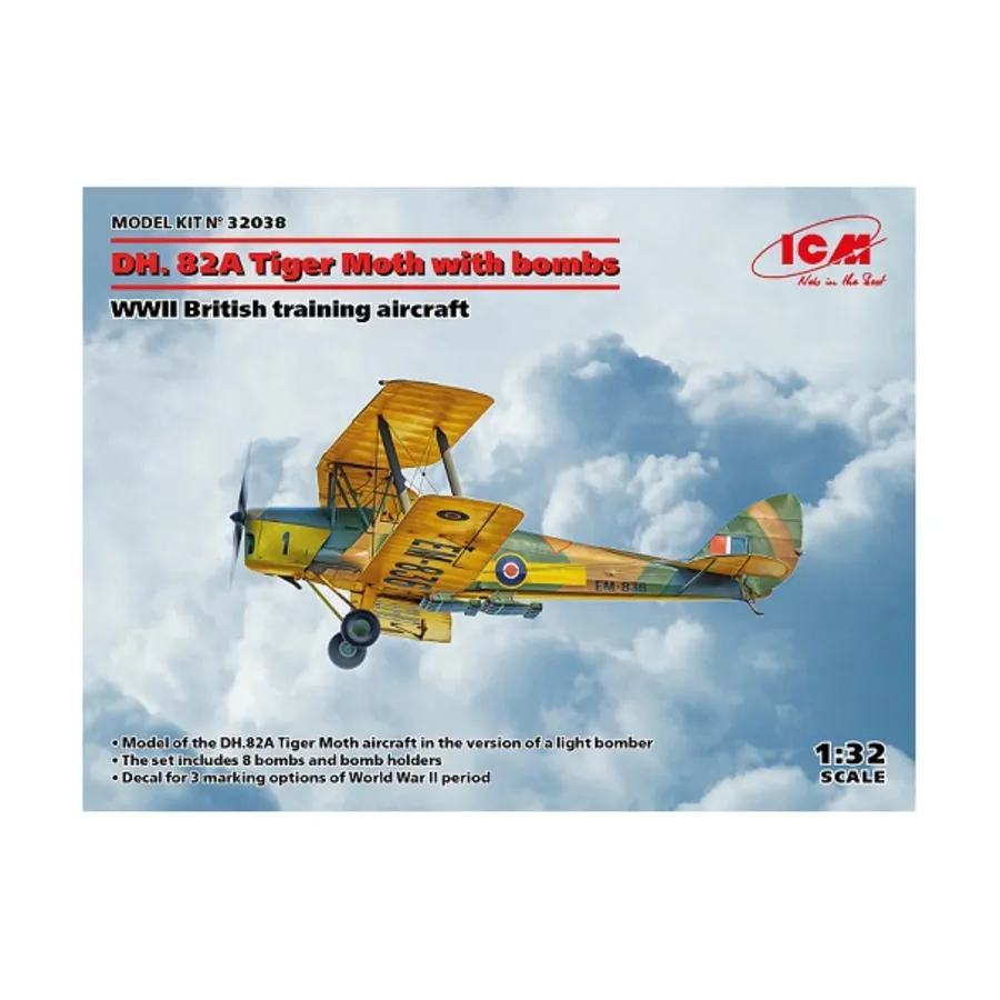 

Британский учебный самолет DH82A Tiger Moth времен Второй мировой войны с бомбами, Military Models 1/32 Scale (ICM)