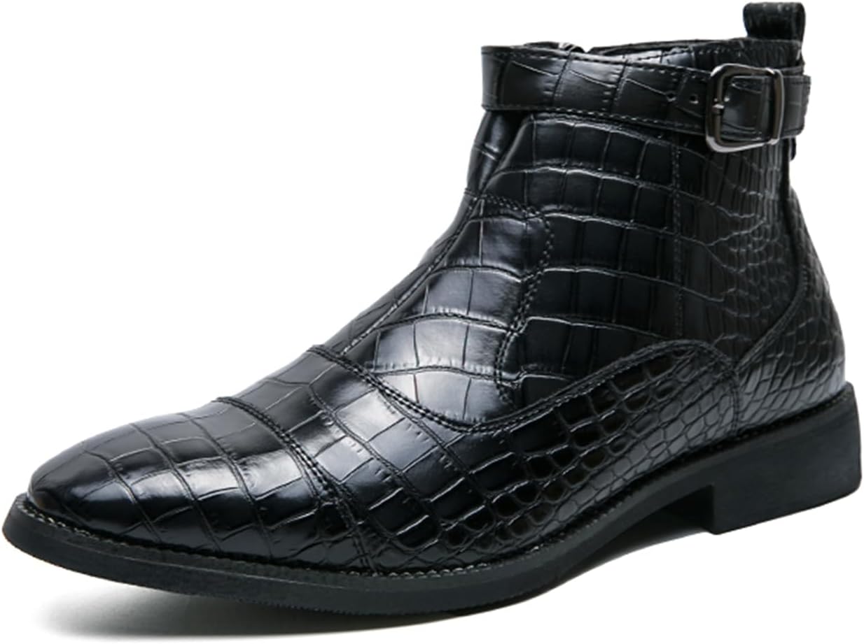 

Мужские ботинки Челси с боковой молнией из кожи с крокодиловым тиснением, модные, с заостренным носком, плоской подошвой и декоративной пряжкой, удобные, нескользящие, повседневные, для прогулок, вождения, вечеринок и работы Qklmwes, черный