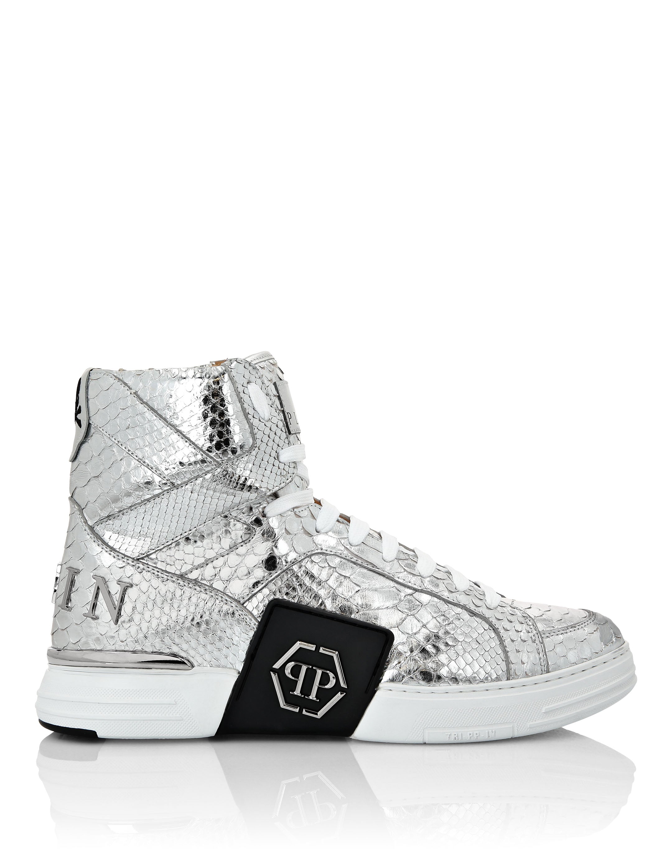 

ВЫСОКИЕ КРОССОВКИ MONEY KICK$ PYTHON Platinum HEXAGON Philipp Plein, серебро