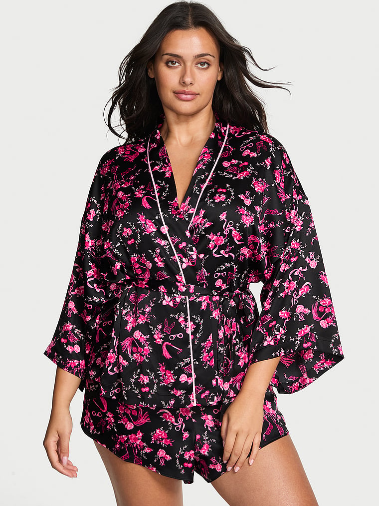 Мини-Халат из глазурованного атласа Victoria'S Secret, black/pretty blossom floral print — фото 2