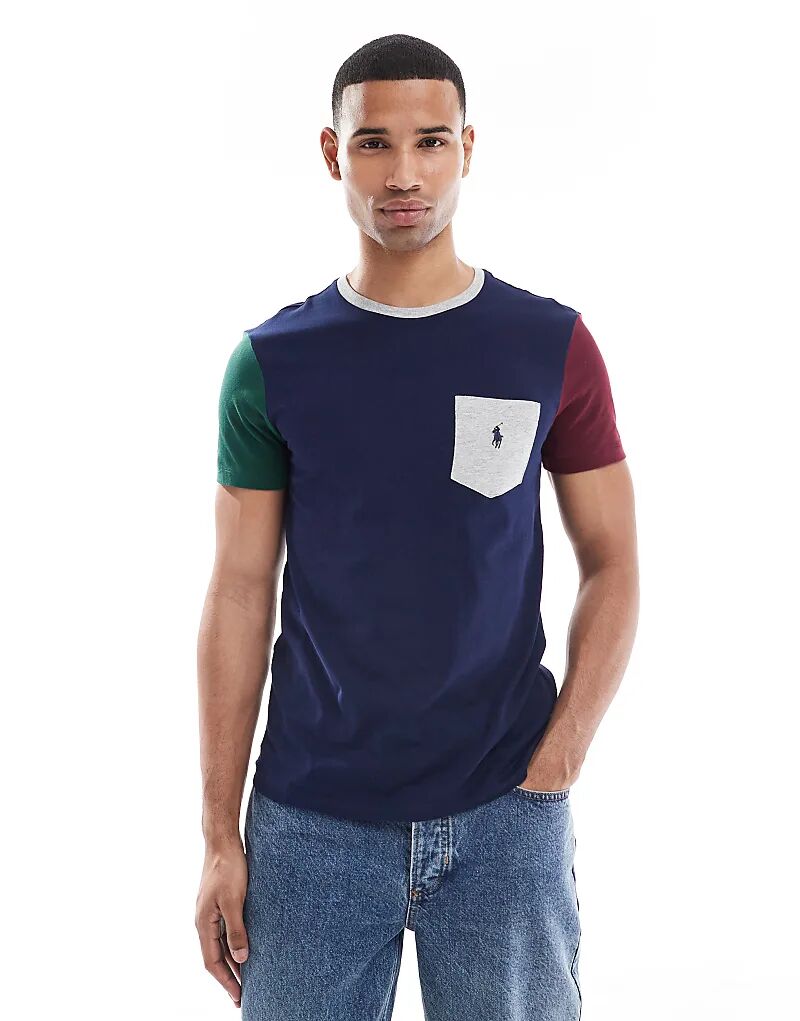 

Футболка Polo Ralph Lauren с логотипом и карманом, цветная, индивидуальный пошив, темно-синяя, многоцветная