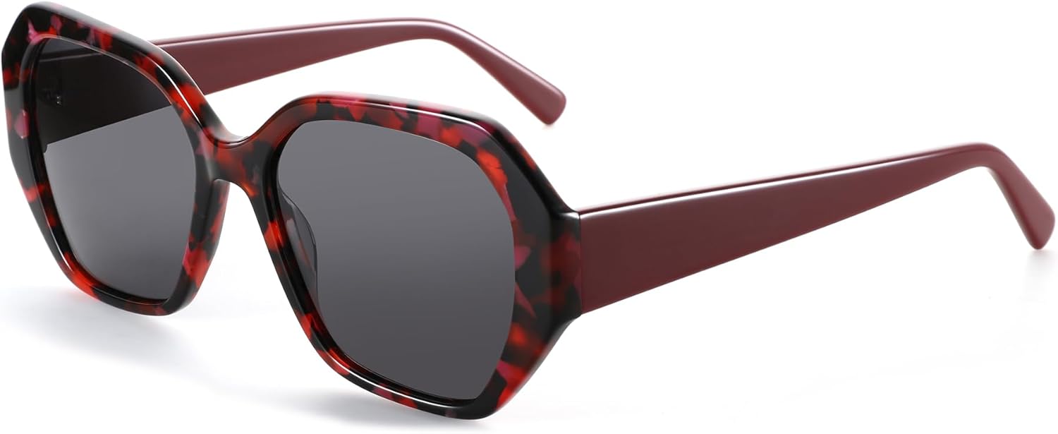 

ZENOTTIC Модные поляризованные солнцезащитные очки для женщин: дизайнерские шестиугольные очки для дам - ​​ретро-солнцезащитные очки с защитой UV400, C03 Red Demi Frame / Grey Lens