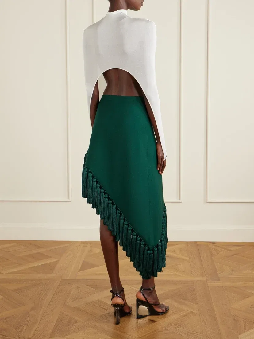 Укороченный топ из смесового шелка с воротником-стойкой Alaïa, белый — фото 4