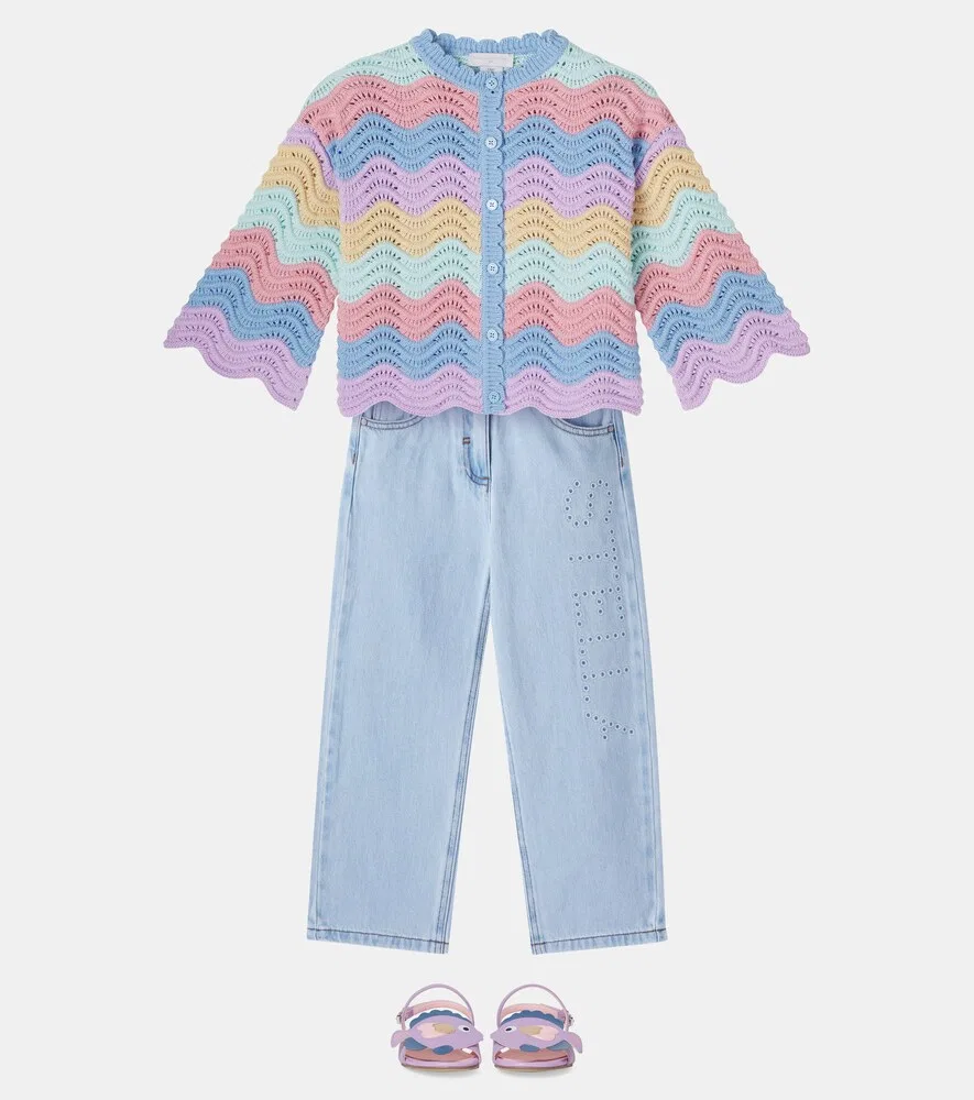 Хлопковый кардиган в полоску с фестончатым краем Stella McCartney Kids, мультиколор — фото 2