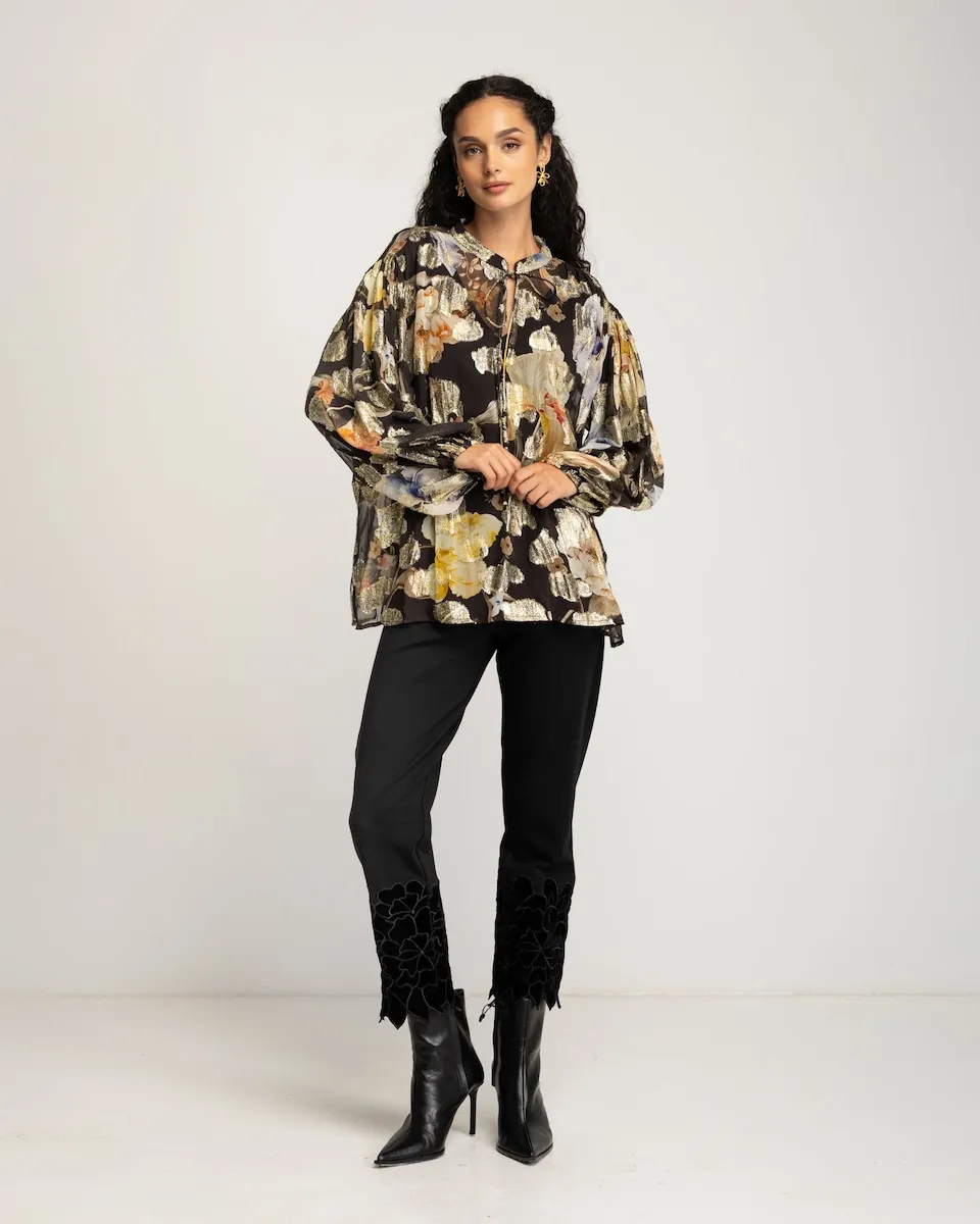 

Женская блузка с присборенными рукавами и цветочным принтом Niza, черный