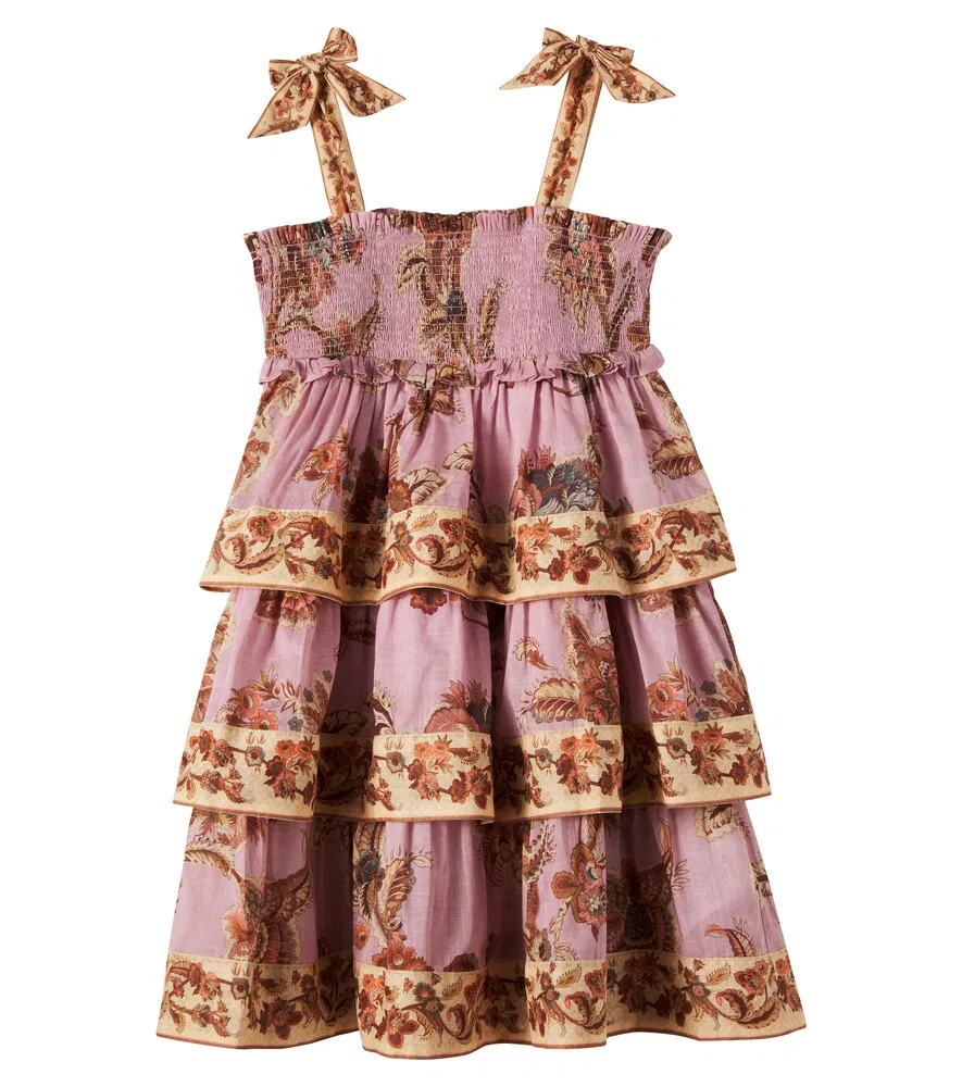 Хлопковое многоярусное платье с цветочным принтом «Астра» Zimmermann Kids, фиолетовый