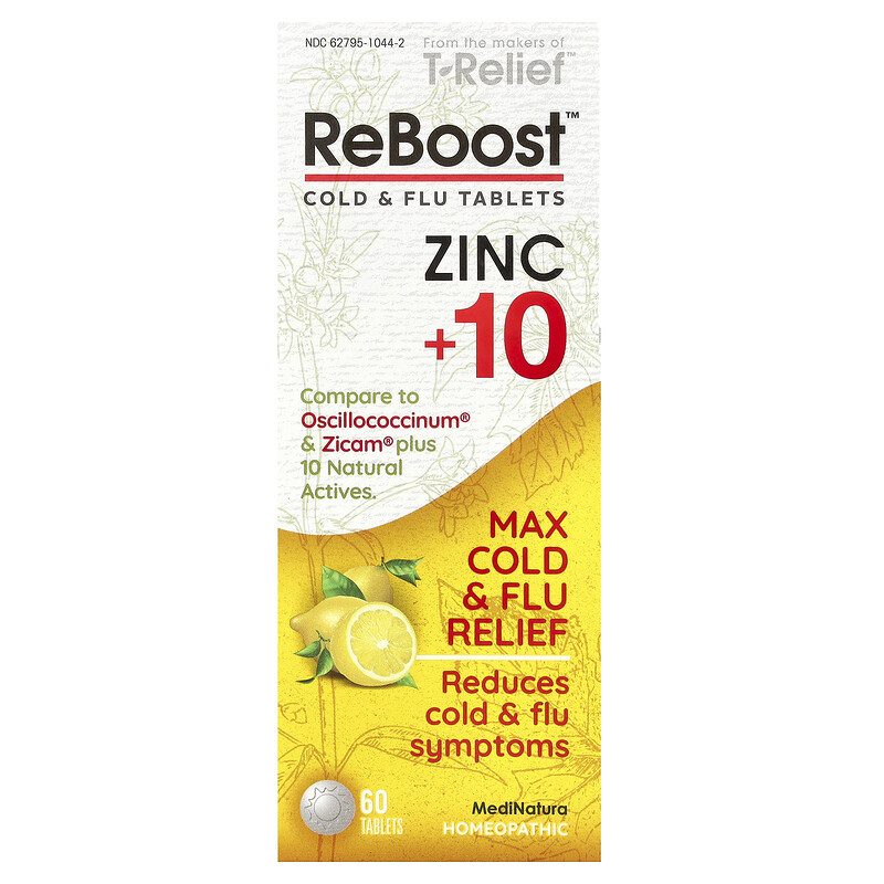 

MediNatura, T-Relief, ReBoost, цинк + 10 ингредиентов, таблетки от простуды и гриппа, 60 таблеток