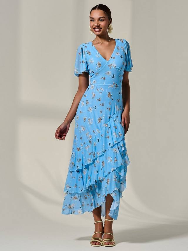 

Платье миди с цветочным принтом и воланами по подолу Jolie Moi, Blue Floral