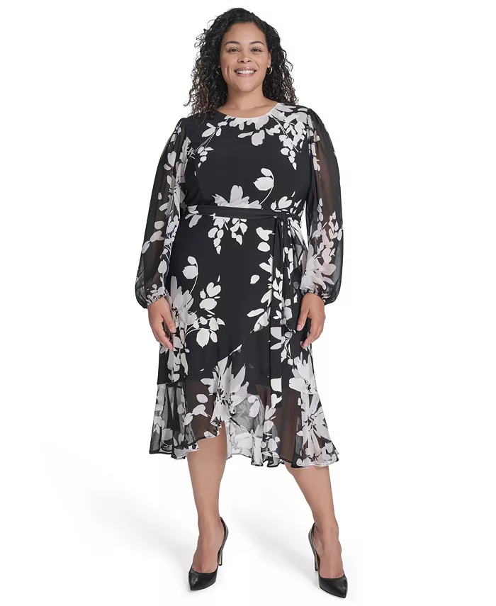 

Платье миди из шифона больших размеров с длинными рукавами Tommy Hilfiger