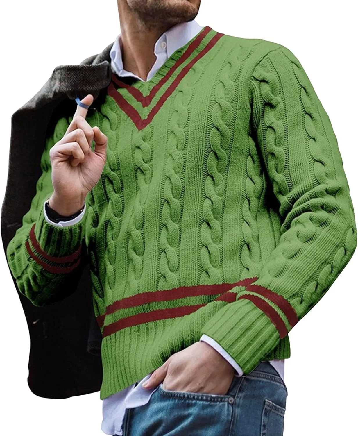 

Мужской свитер V-образным вырезом с косой вязкой