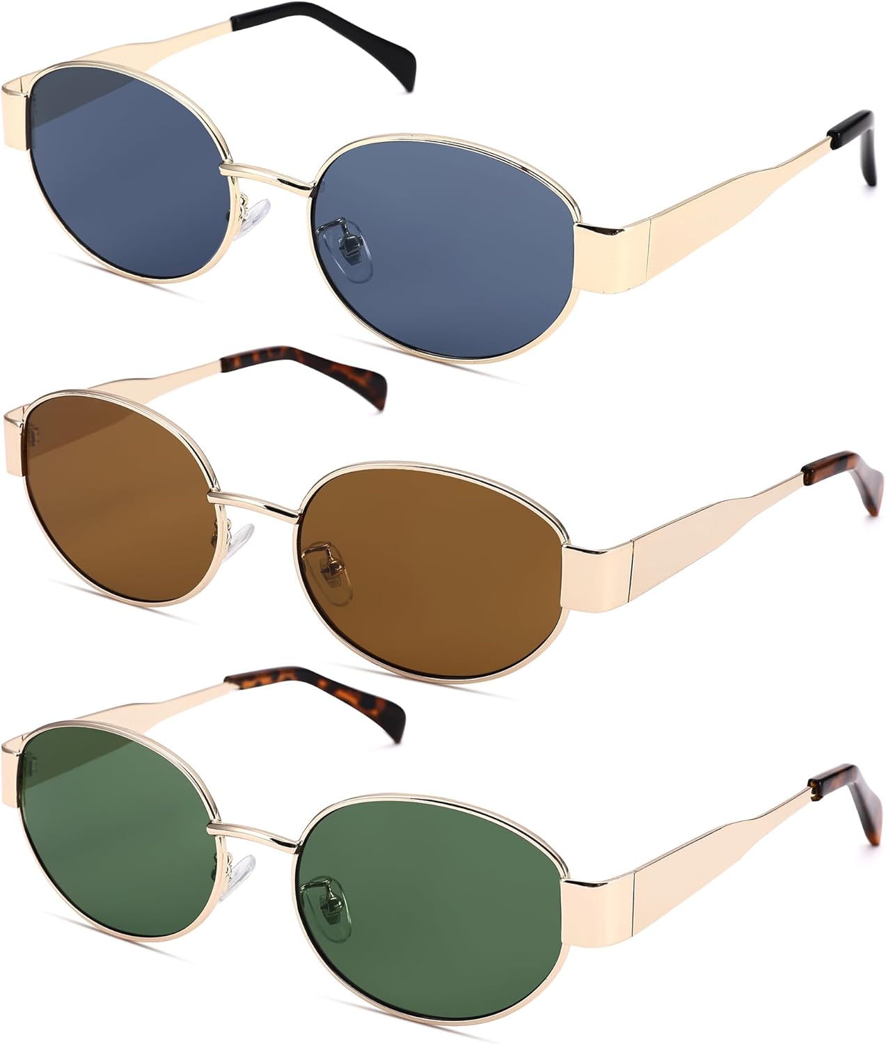 

Солнцезащитные очки LIU·WEN Retro Oval для женщин, комплект из 3 штук - модные солнцезащитные очки в классической металлической оправе, A1 Gold/Grey + Gold/Brown + Gold/Green