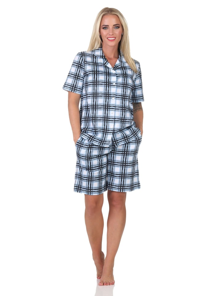 

NORMANN Пижамные шорты с длинными рукавами из трикотажа в клетку, большие размеры, светло-голубые