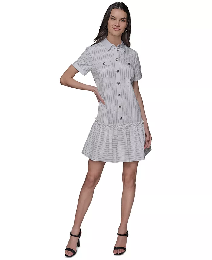 

Женское платье-рубашка с присборенными деталями и декоративными элементами Embellished Shirred Shirtdress KARL LAGERFELD PARIS, слоновая кость/кремовый