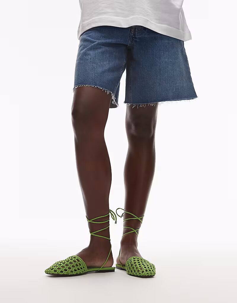 Плоские туфли Topshop Arri с плетеными шнурками зеленого цвета — фото 4