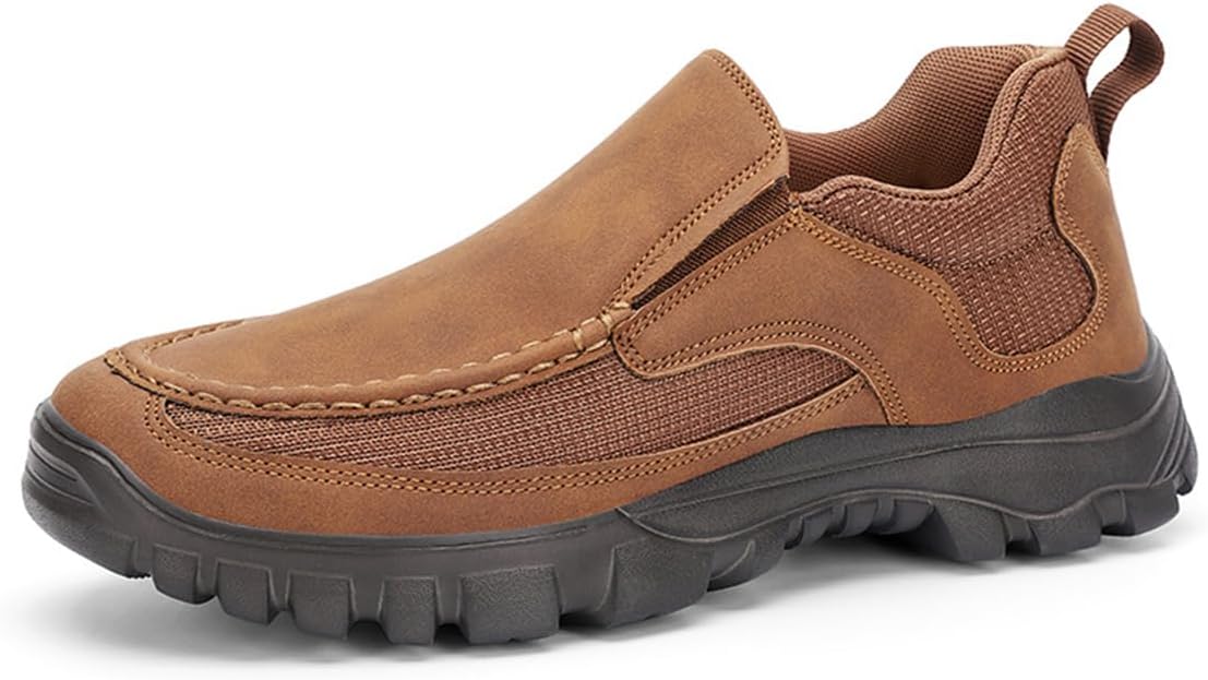 

Мужские легкие кожаные слипоны XIAOGULI, удобные для ходьбы, дышащие, с нескользящей подошвой, с круглым носком, без шнурков, повседневные кроссовки для прогулок и работы, коричневый