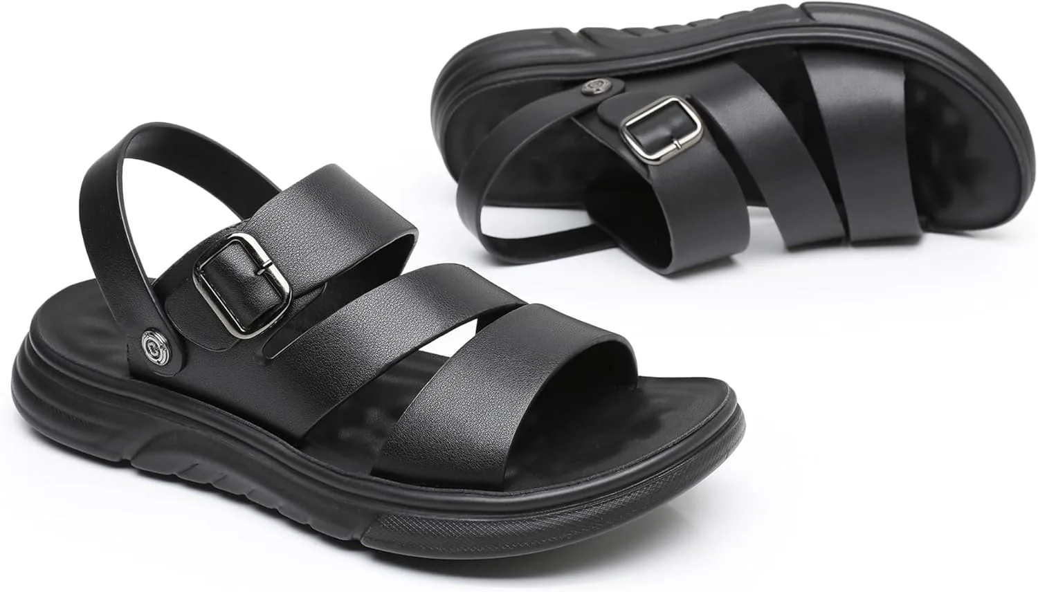 Finishing & Sewing Men's Leather Comfort Beach Sandals with Adjustable Buckle Strap, черный — фото 4