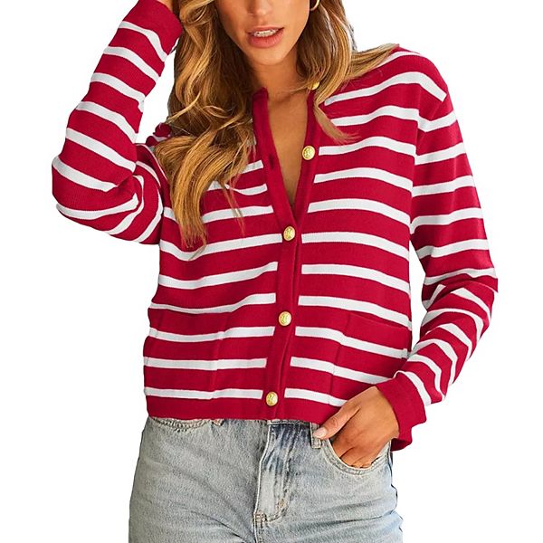 

Кардиган в полоску для женщин на пуговицах с длинным рукавом Seoria, Red And White