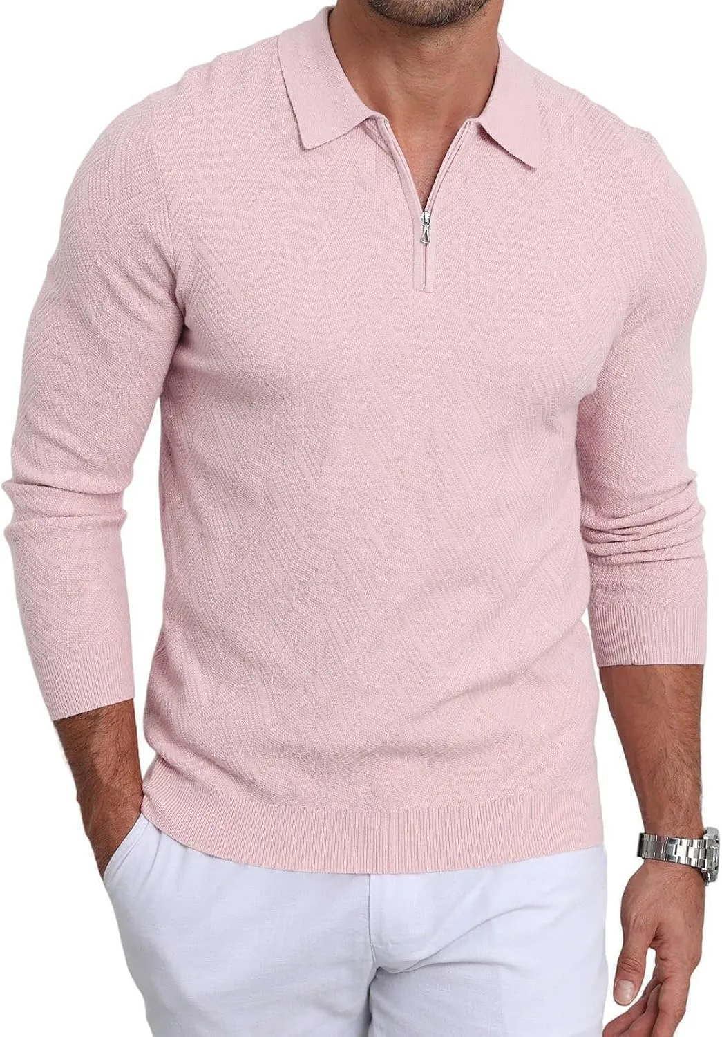 

Мужской вязаный поло с длинным рукавом Slim Fit, текстурированный воротник, молния на четверть, легкий Lexiart