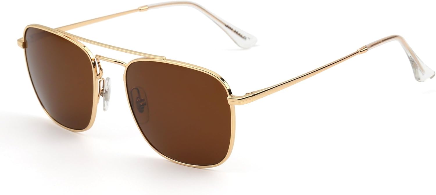 

Солнцезащитные очки JIM HALO Retro Square Aviator с линзами из высококачественного стекла и плоскими металлическими линзами, для мужчин и женщин, Gold Frame / Brown Lens （57mm）