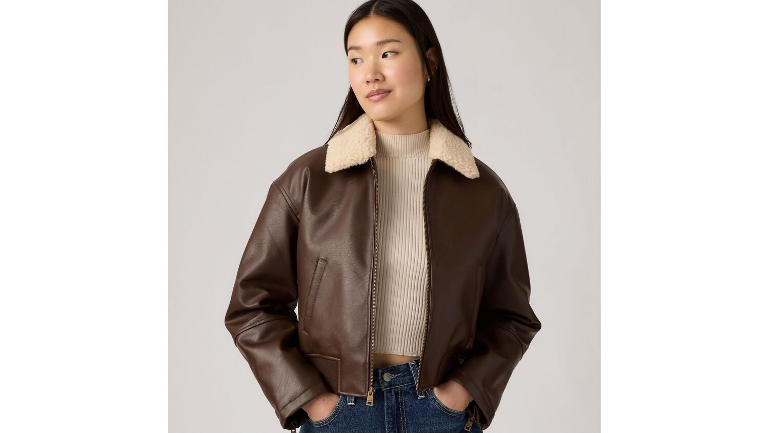 

Куртка-бомбер из искусственной кожи с воротником из шерпы Levi's, Brown