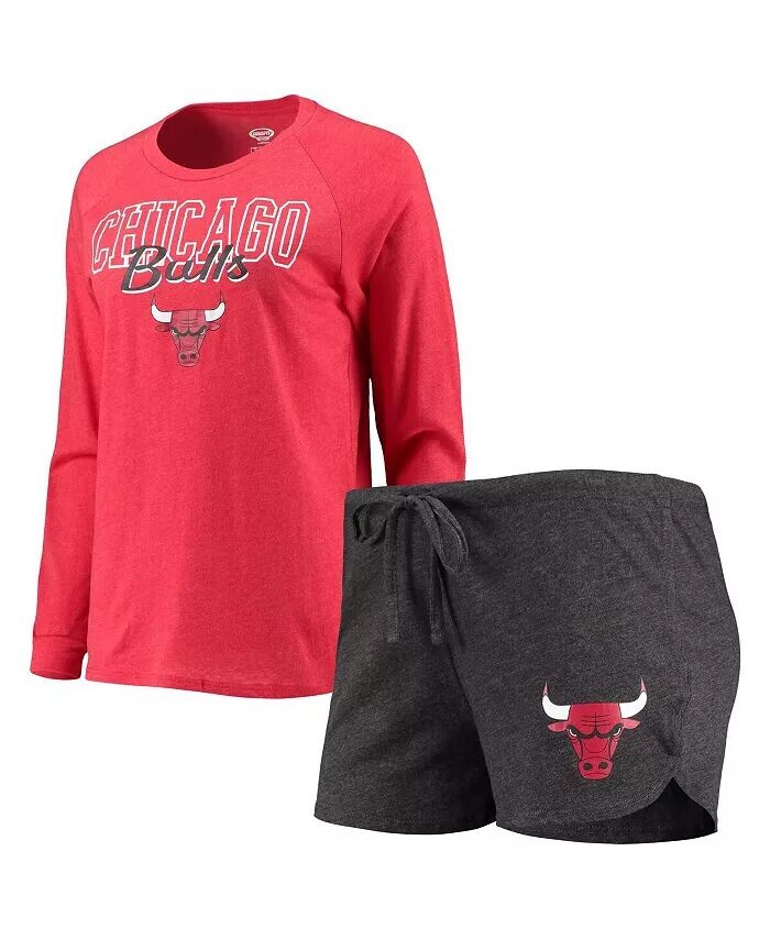 

Женский комплект для сна Chicago Bulls, черный, красный, реглан, длинный рукав, футболка и шорты Concepts Sport