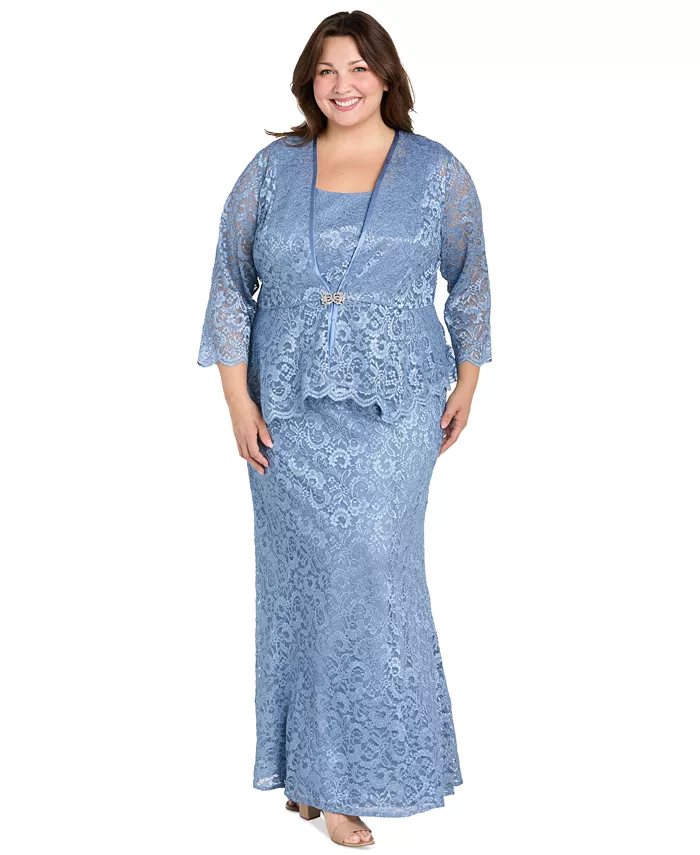 

Жакет и платье с металлизированным кружевом Plus Size R & M Richards, синий
