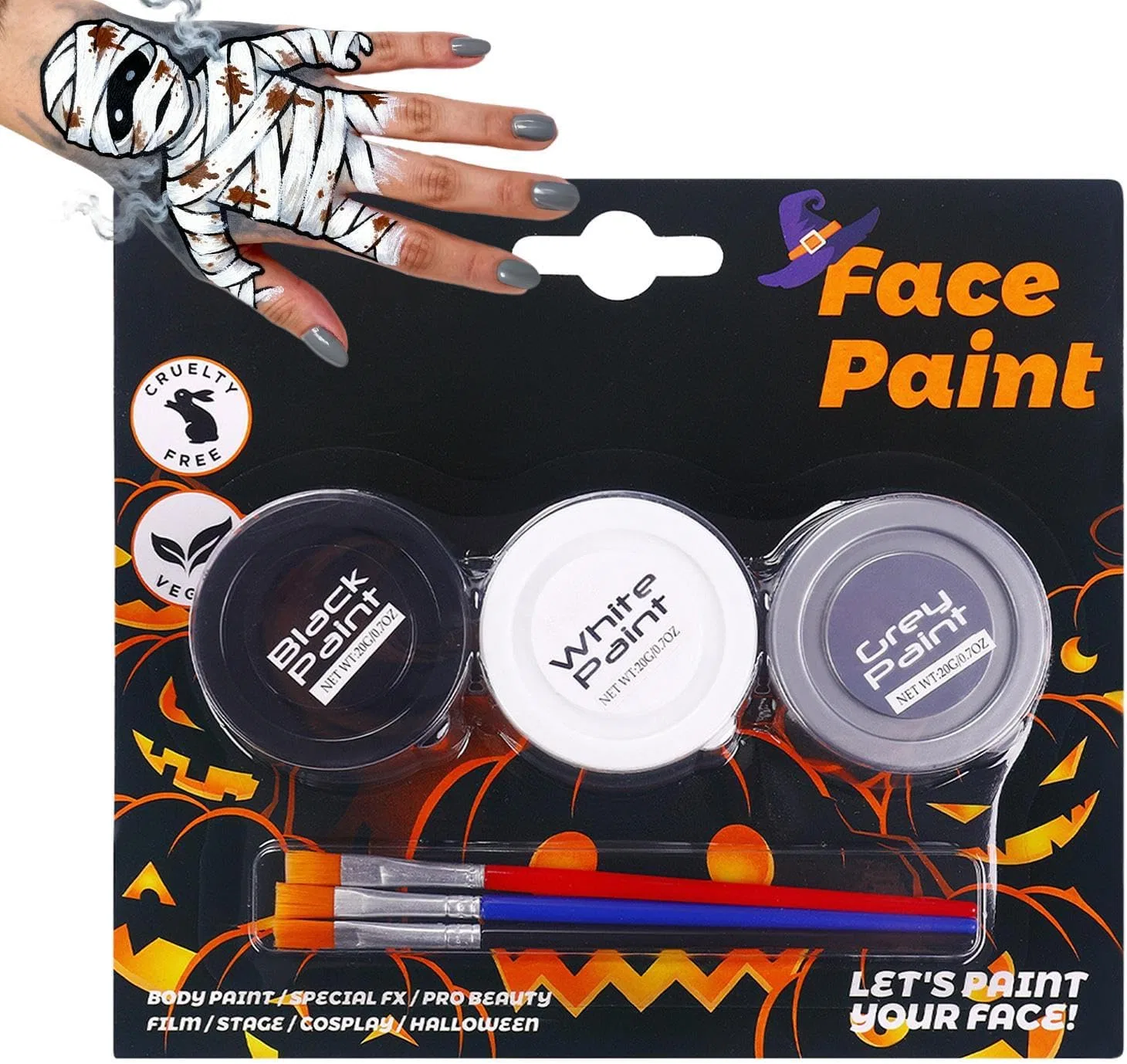 Грим для лица и тела, 3 цвета, черный и белый с серебром, Halloween Face Paint