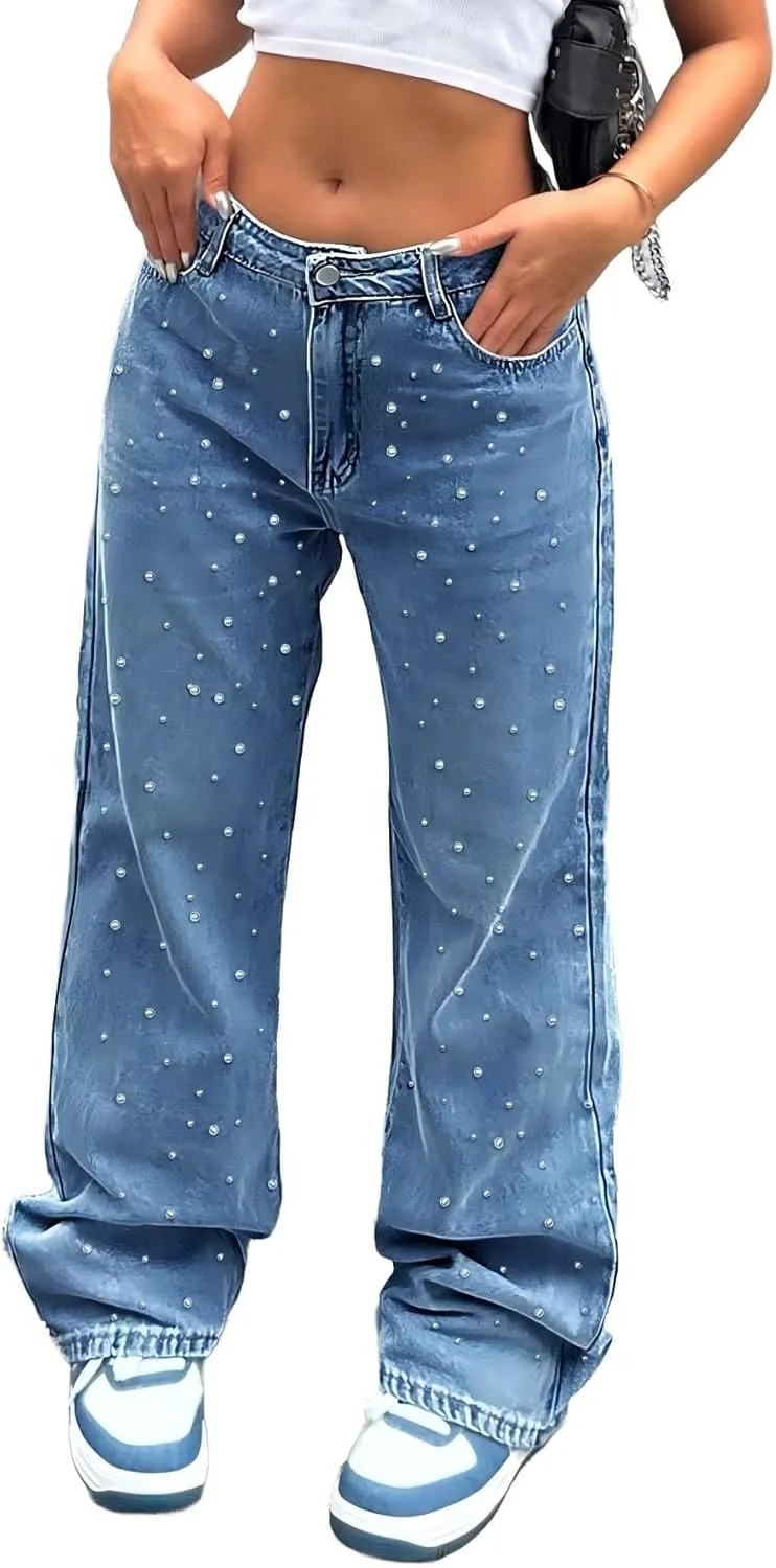 

Женские джинсы 2026 с высокой талией и стразами WGXWGX