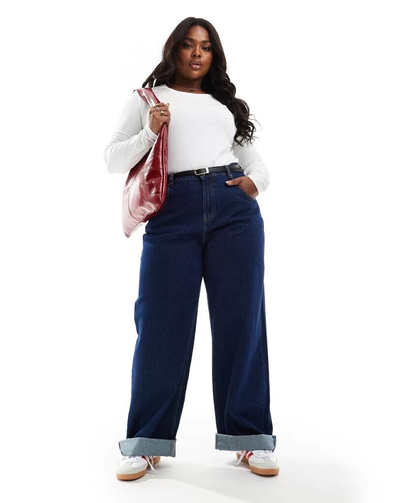 

Широкие джинсы ASOS DESIGN Curve с отложным краем и чернильной потертостью