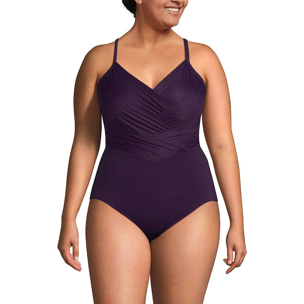 

Большой размер Lands' End Slender Suit Плиссированный цельный купальник с X-образной спинкой, цвет Blackberry