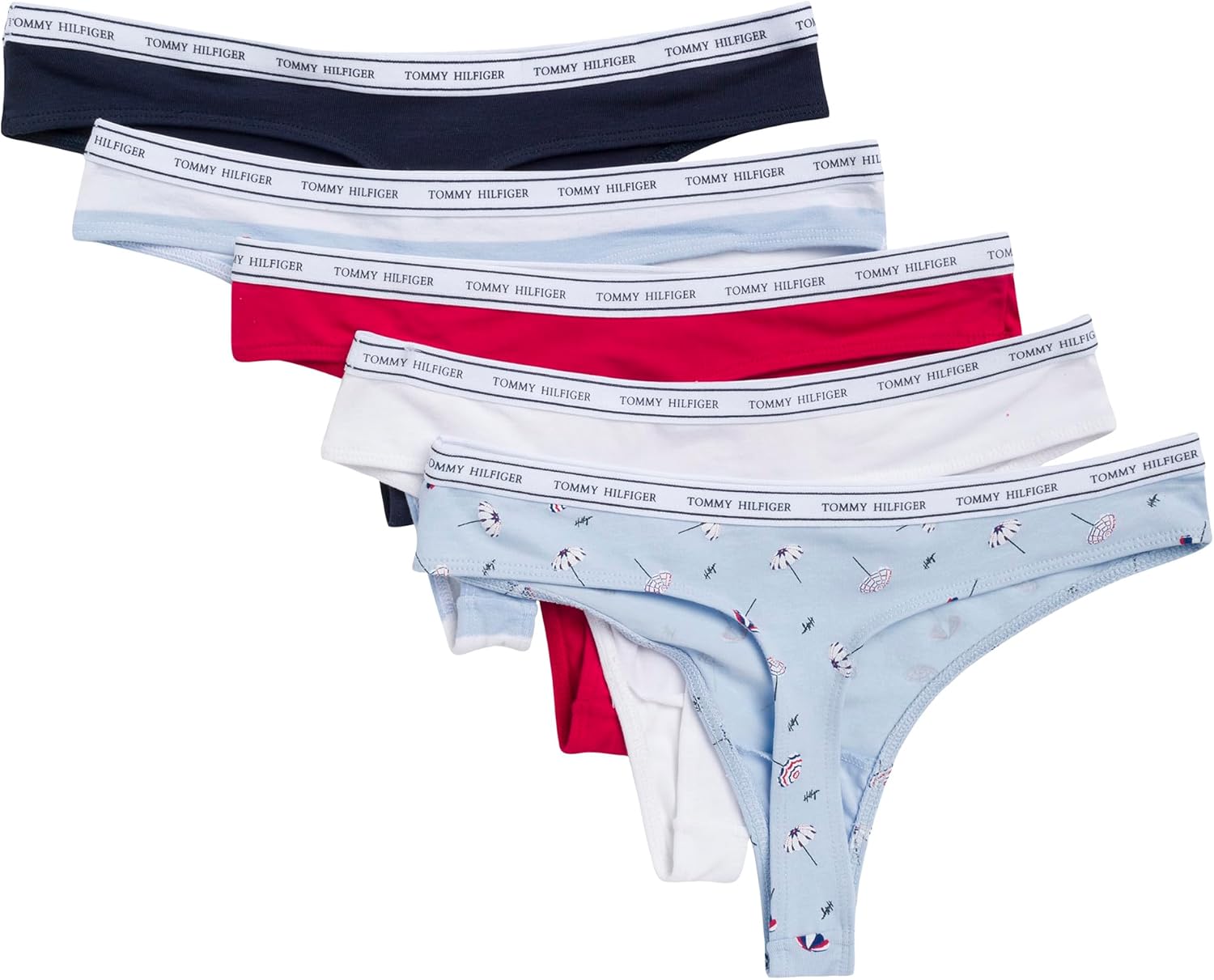 Женские классические хлопковые стринги Tommy Hilfiger с логотипом, 5 шт., Umbrellas Print/Bright White/Tango Red/Sky Captain/Sweet Blue Stripe — фото 4