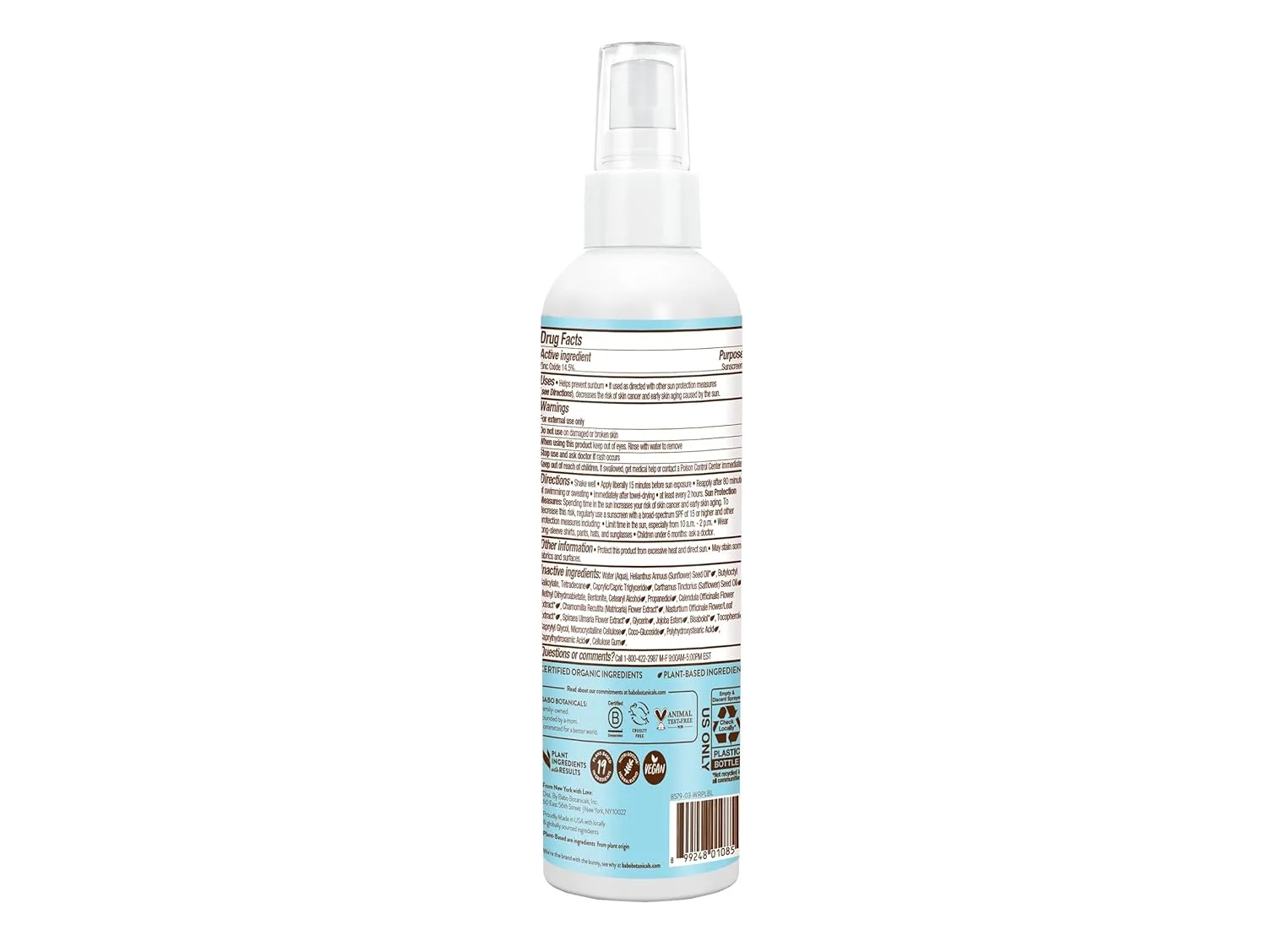 Babo Botanicals Sensitive Baby Mineral Sunscreen Spray SPF30 - Natural Zinc Oxide - Non-Aerosol - для лица и тела - без отдушек - водостойкий - для малышей и детей 1 штука (1 шт.), Multi-color — фото 2
